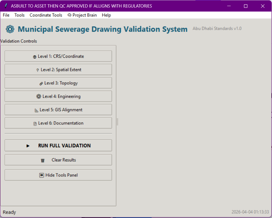 Municipal Sewerage Drawing Validation System — Abu Dhabi Standards v1.0, six-level QC pipeline